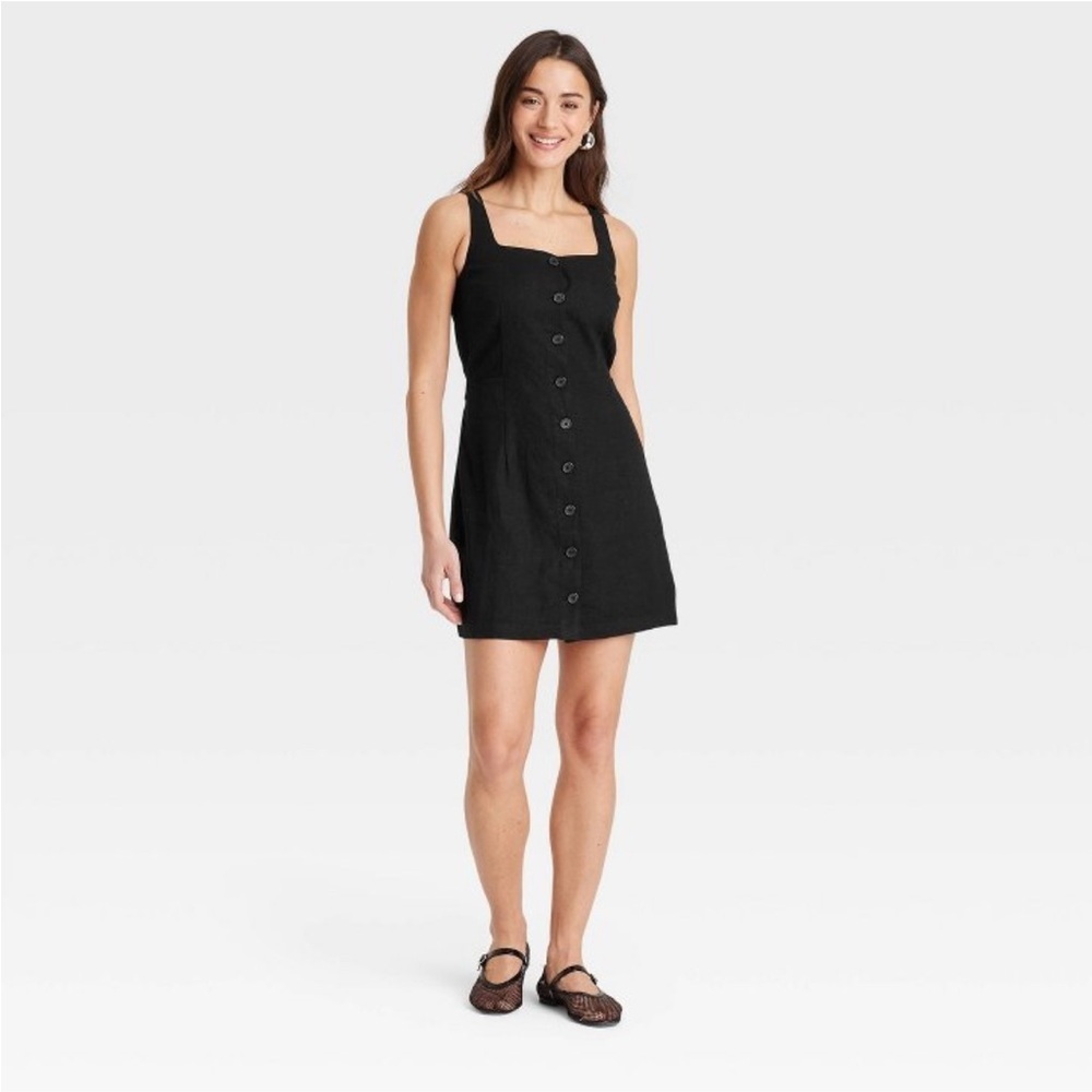 Linen Mini Vest Dress Black Squareneck, Sleeveless, Front Button Down new 🆕